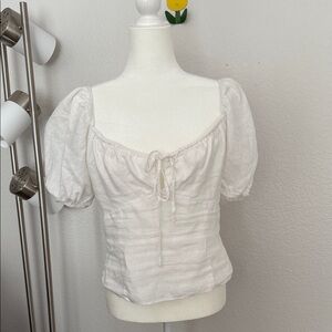 100% Linen White Puff Sleeve Women's Top